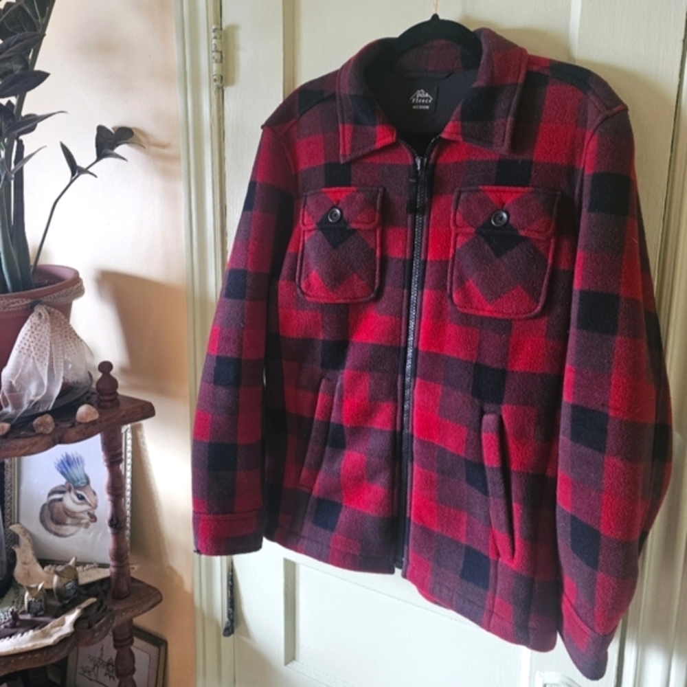 Buffalo plaid red and black fleece zip up jacket